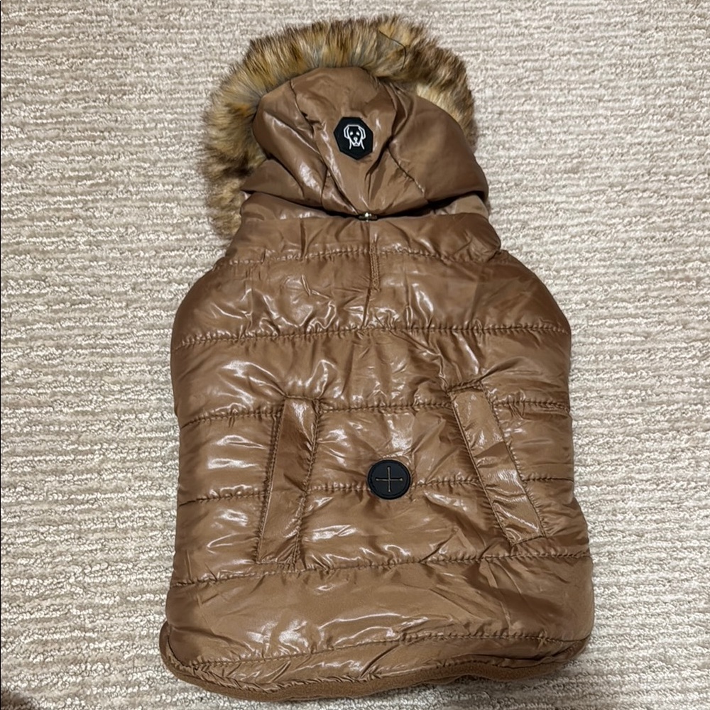 Brown Quilted Dog Jacket with Faux Fur Hood